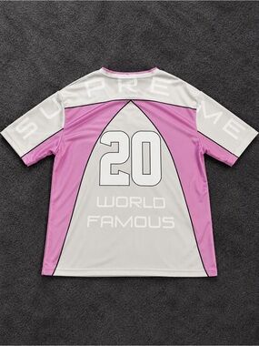 Supreme White & Pink 'World Famous' Jersey — No. 20